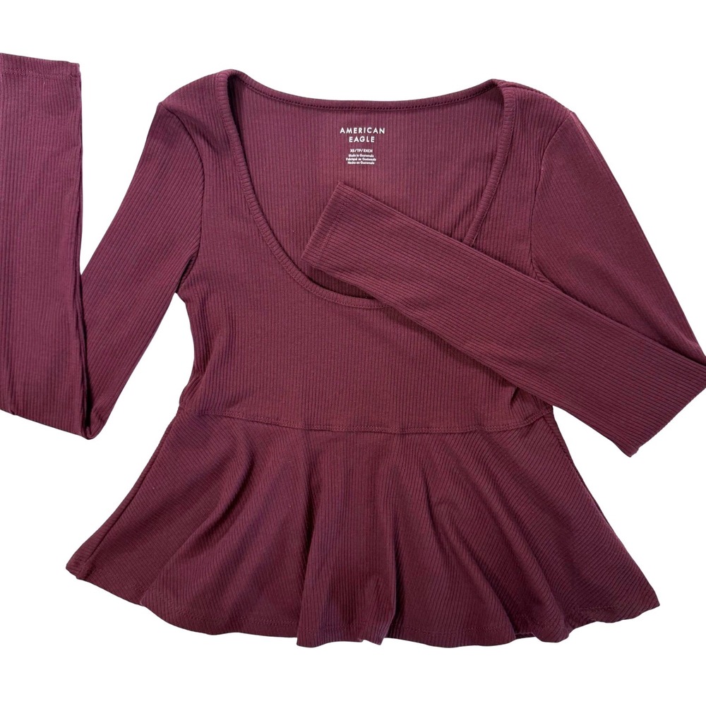 American Eagle Women Burgundy Ribbed Long Sleeve Peplum Scoop Neck Top XS